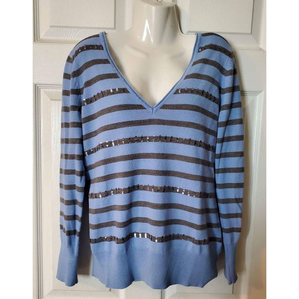 Women's Medium V-Neck Sequins Sweater by New York & Company Blue Shirt Top